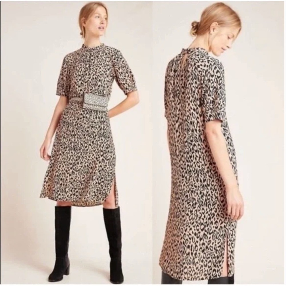 Anthropologie MacKenzie Leopard Print Midi Shift Dress Womens Medium Boho Hippie